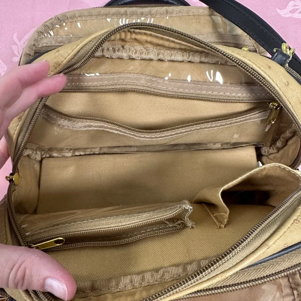 Tan Faux Ostrich Triple Zip Satchel Crossbody Bag Brown Trim Gold Hardware